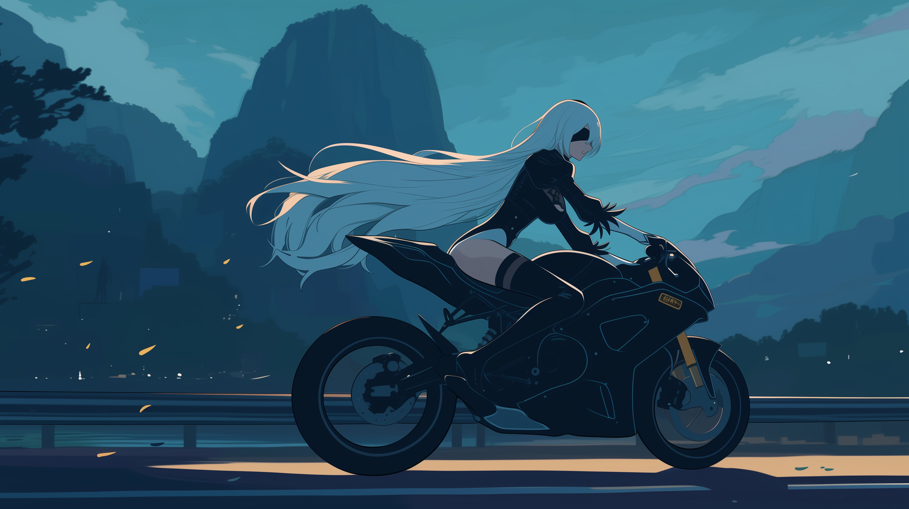 Nier Automata character on motorcycle