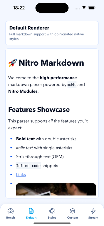 Nitro Markdown rendering rich GitHub Flavored Markdown natively in React Native