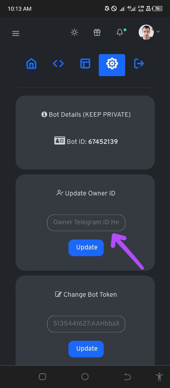 Setting owner telegram id image