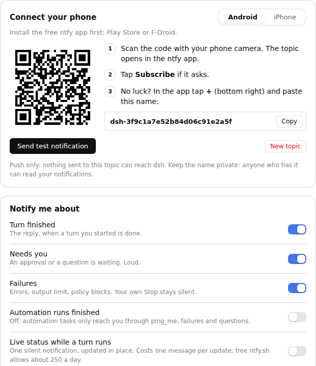 The dsh-ping-me settings card: a QR code to connect your phone, and switches for what to be notified about