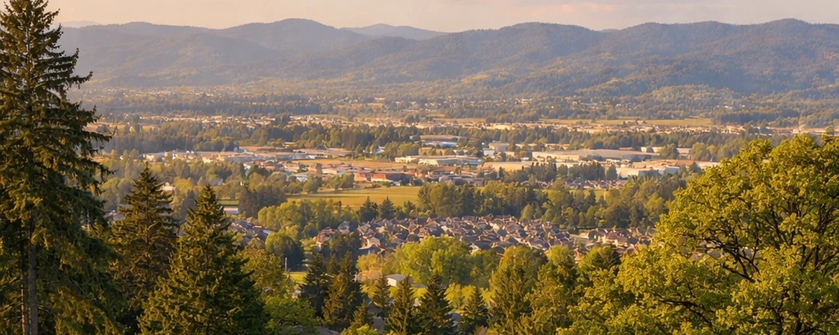 Residential neighborhood in Beaverton, Oregon with mature trees and the West Hills in the background