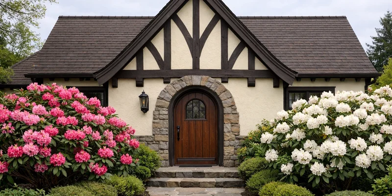 Tudor Revival home with steep gabled roof on a landscaped lot in Eastmoreland, Portland, Oregon