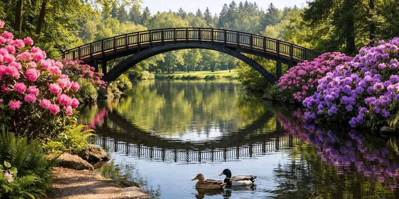 Crystal Springs Rhododendron Garden bridge over spring-fed lake in Eastmoreland, Portland, Oregon