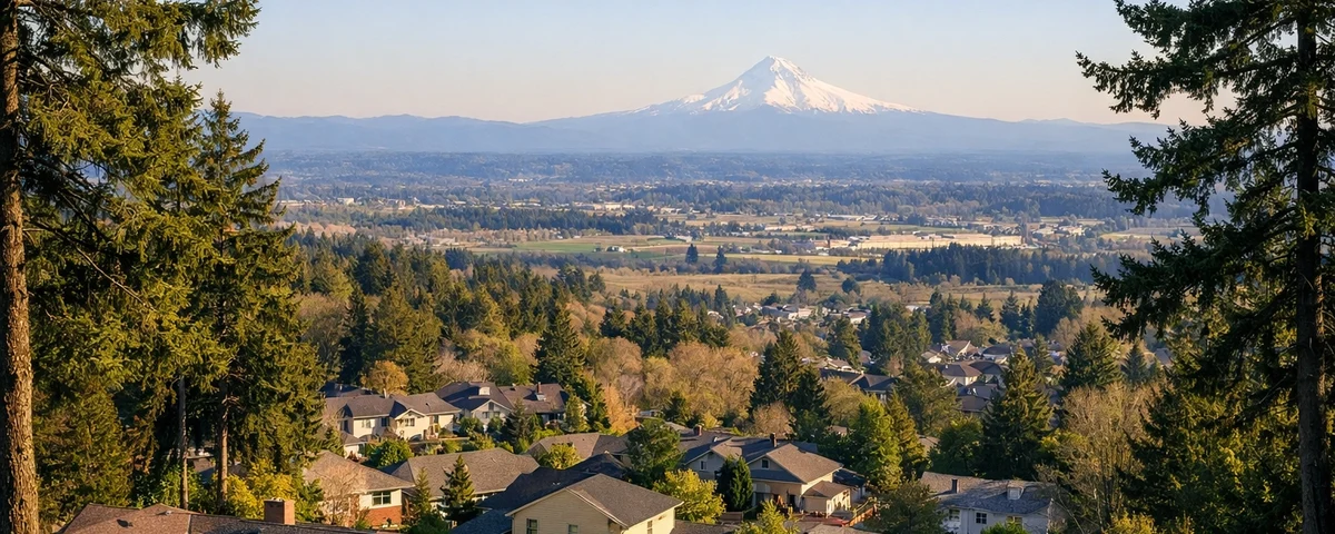 Residential street in Tigard, Oregon with mature trees and Cascade mountain views