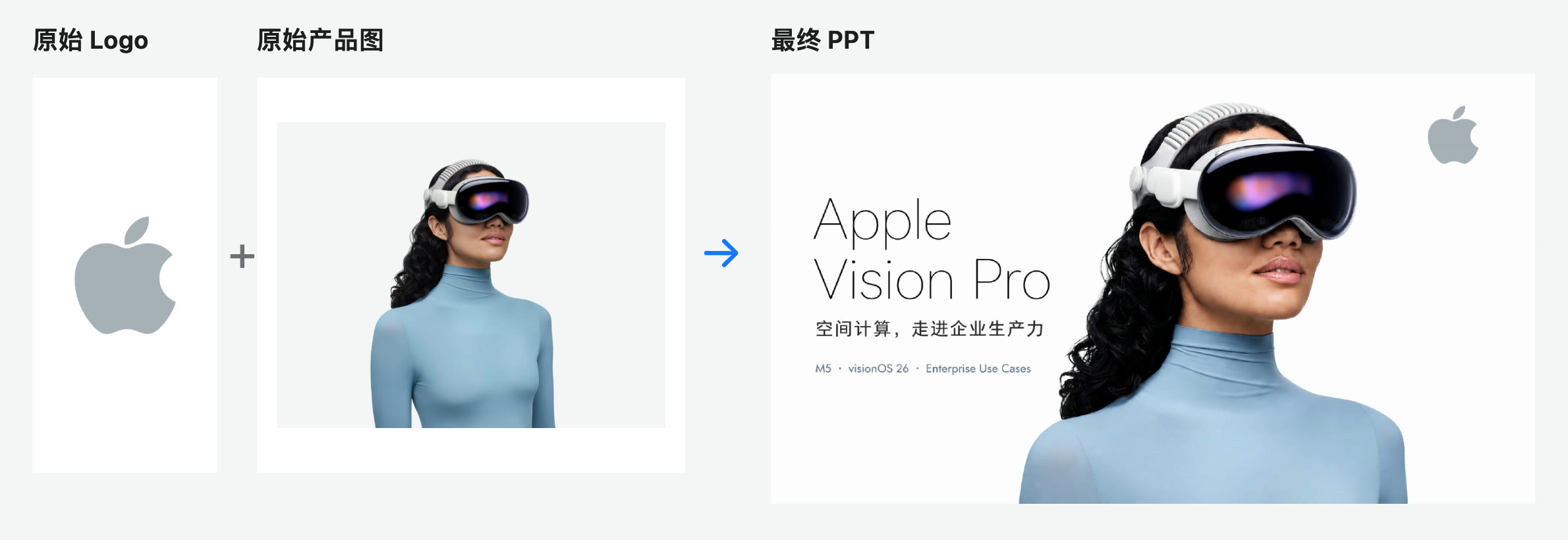 原始 Logo 与产品图生成最终 PPT 的对照