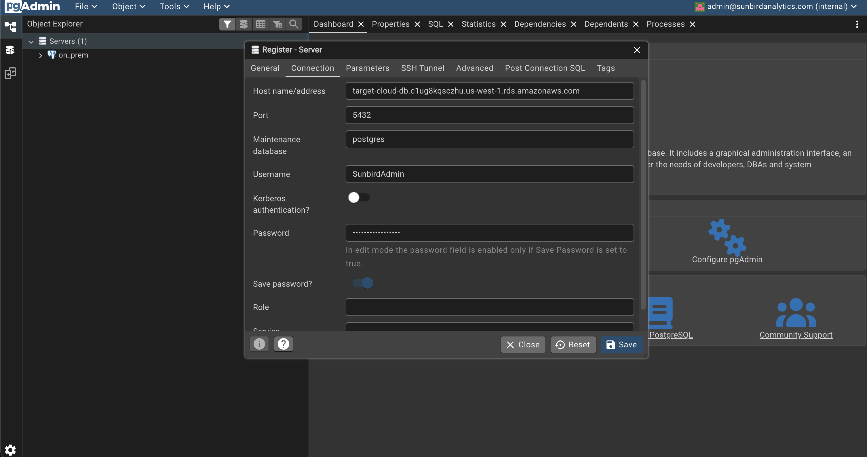 pgAdmin interface screenshot displaying a successful database connection to the AWS RDS endpoint along with replicated live order data