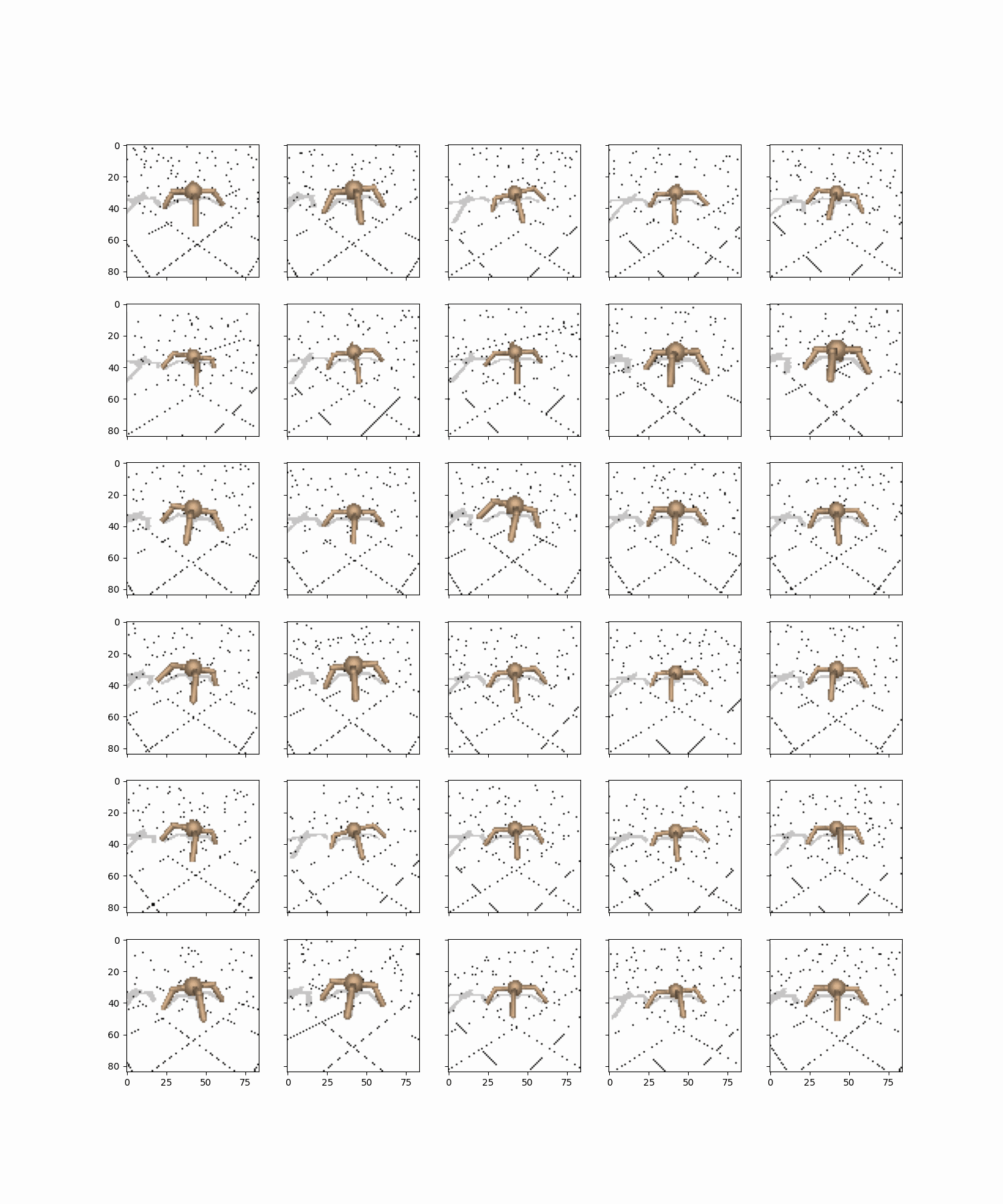 Batch Rendering Example, 30 Ants inference on A100 GPU with 90 iterations, rendered onto 84x84 canvas in 5.26s