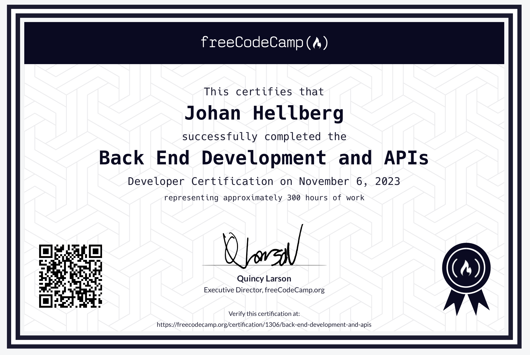 Back End Development and APIs Certificate from FreeCodeCamp