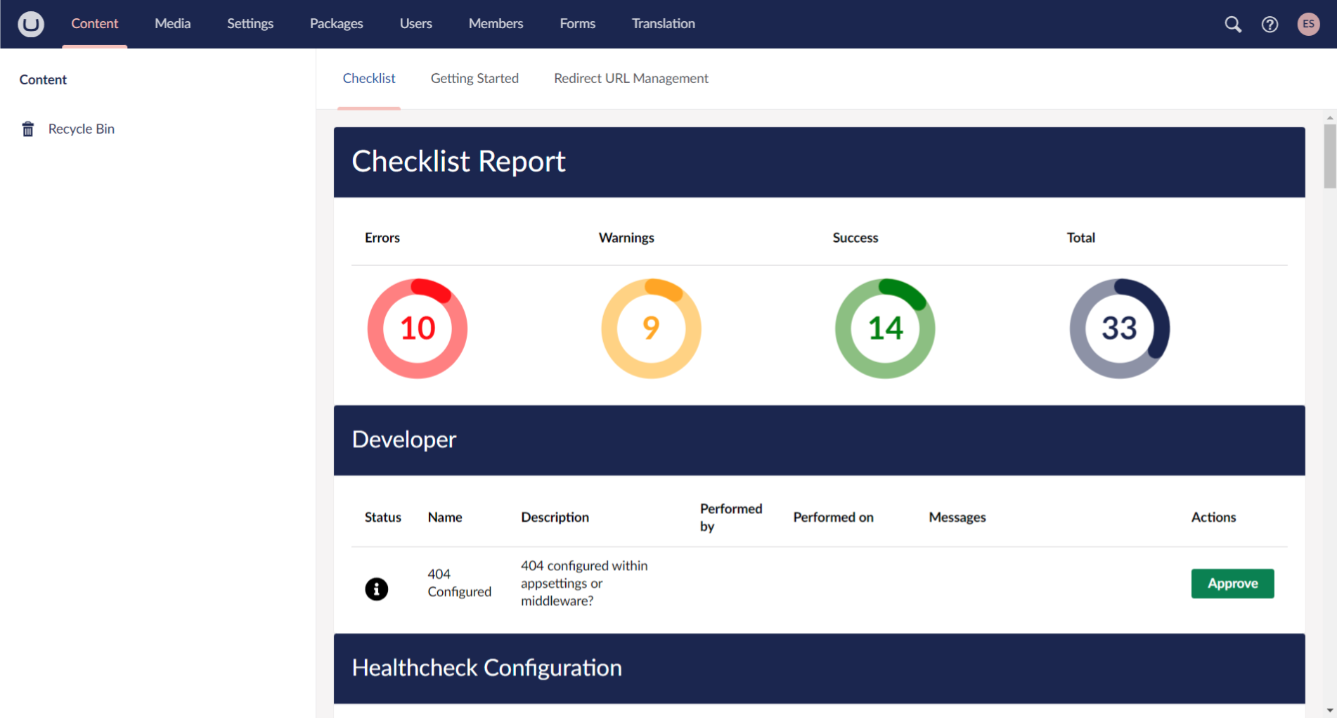 Umbraco Healthcheck Screenshot