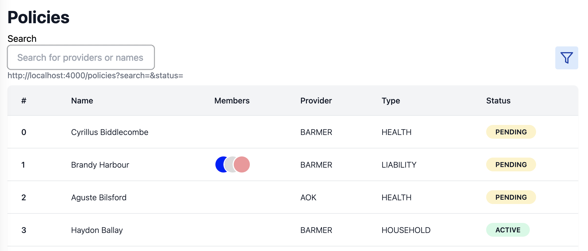 table with the ability to search and filter entries