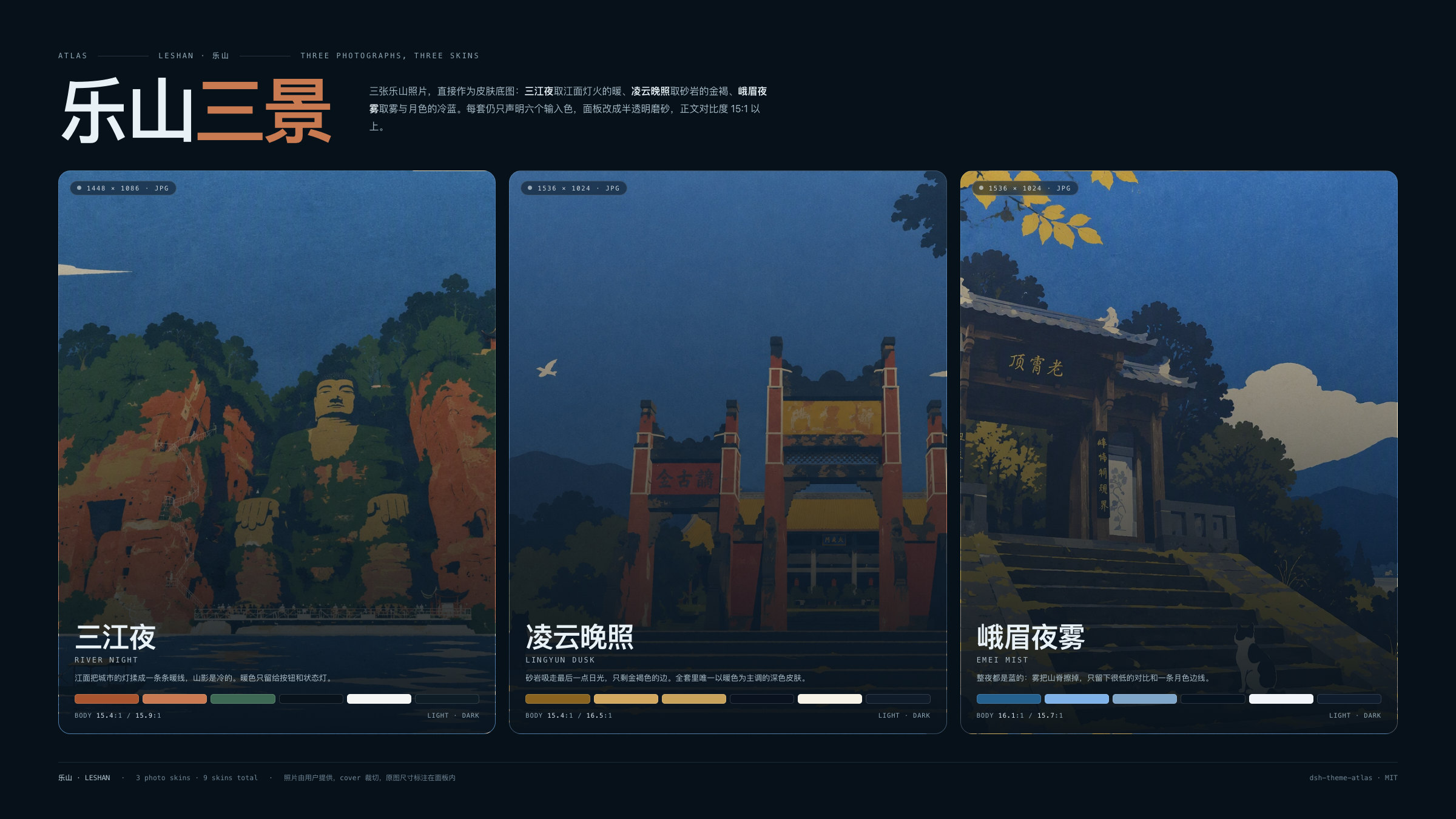 Atlas × Leshan — three photo skins