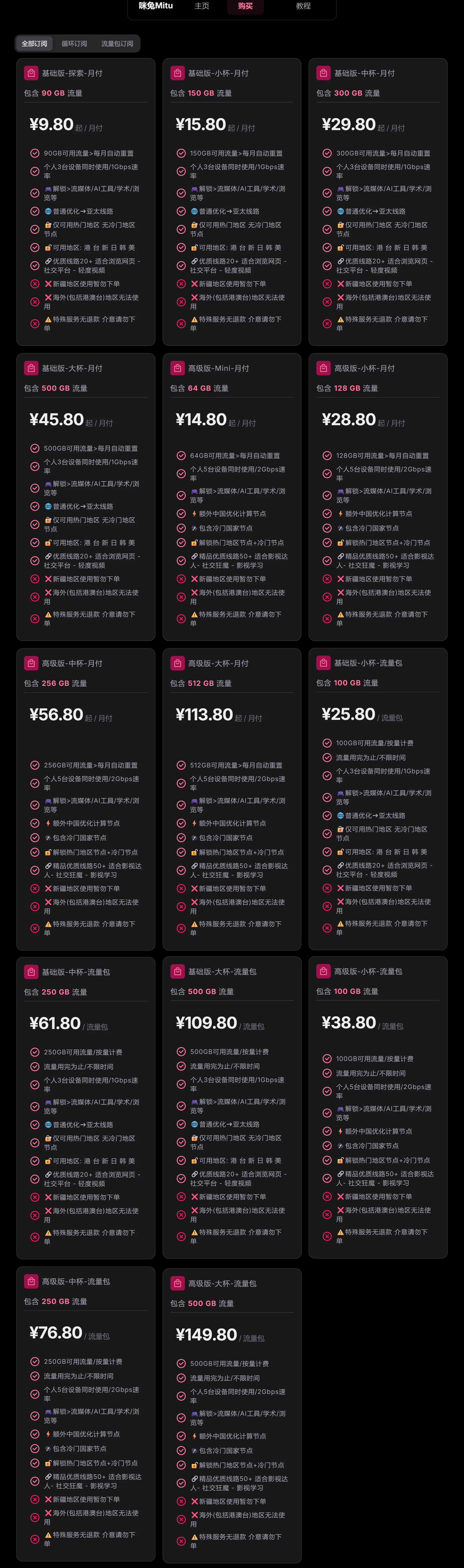 咪兔套餐原图,月付与按量包分列