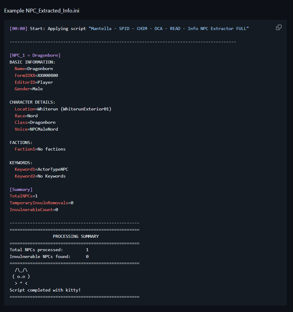 Example Macro Script Ini File Info NPC Extractor xEdit Script INI CSV at Skyrim Special Edition Nexus ...