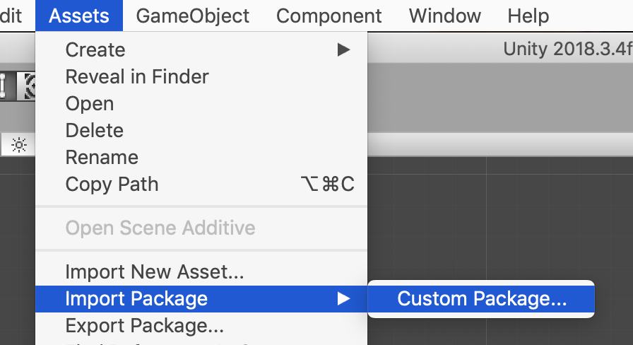 Screenshot of Unity 2018 showing how to import a custom package.