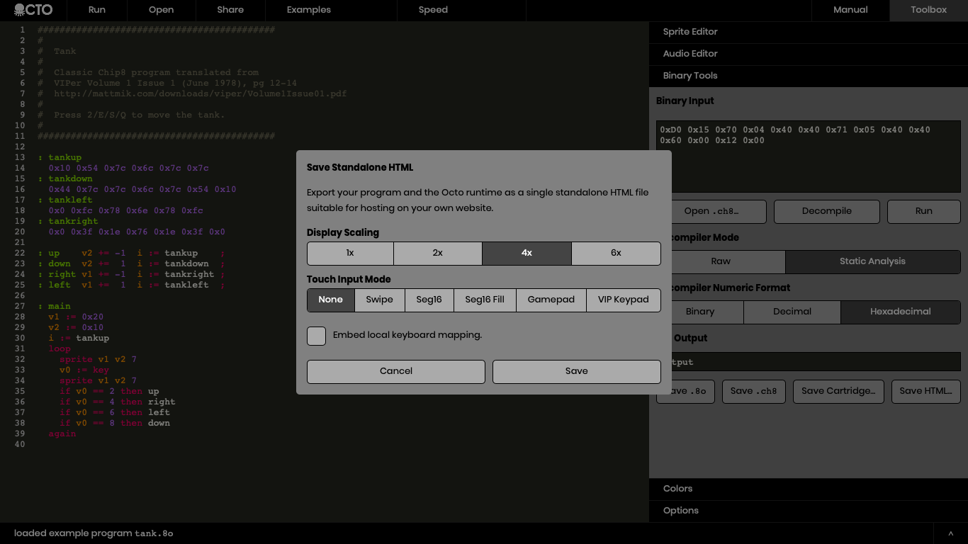 Screenshot of HTML export dialog