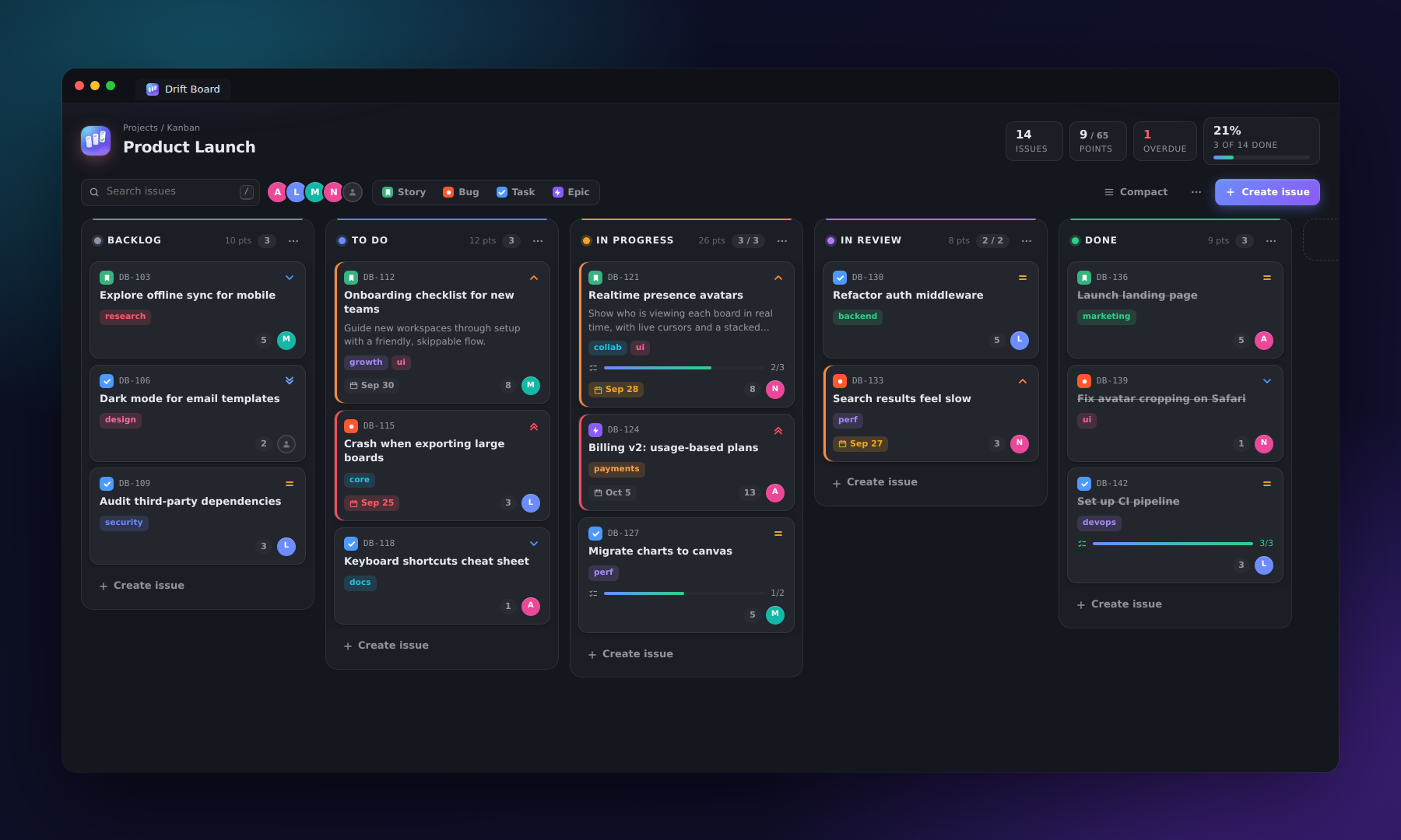 Drift Board: a full Kanban board with columns, cards, labels and progress