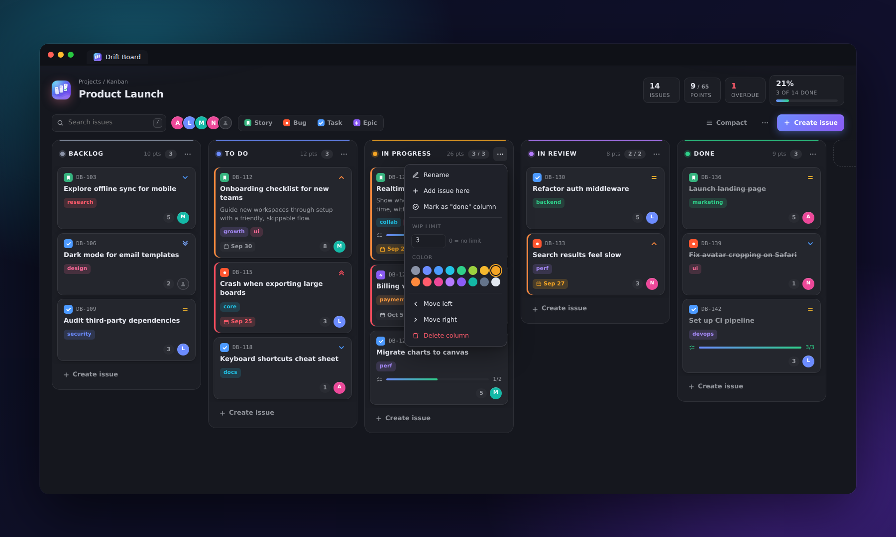 Column menu with rename, WIP limit and color options