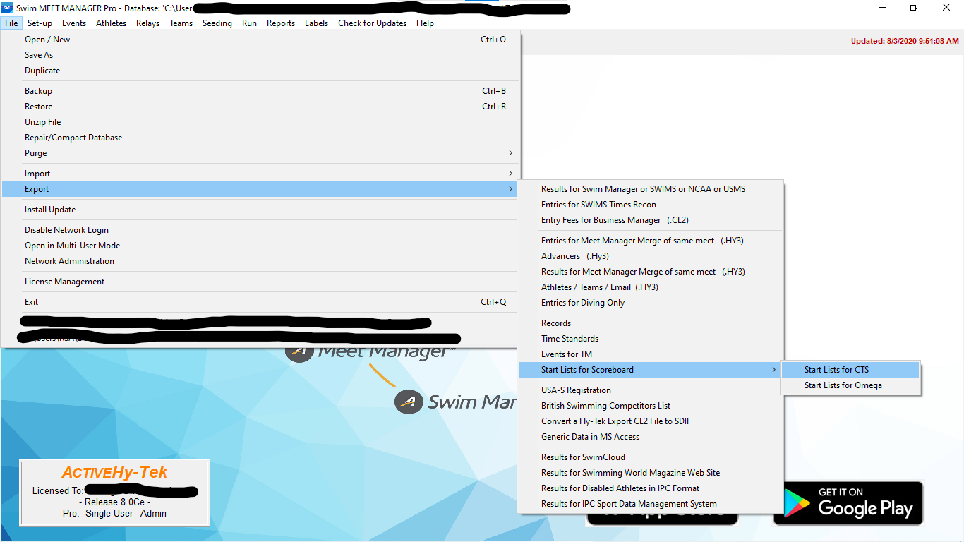 Export scoreboard start list for CTS