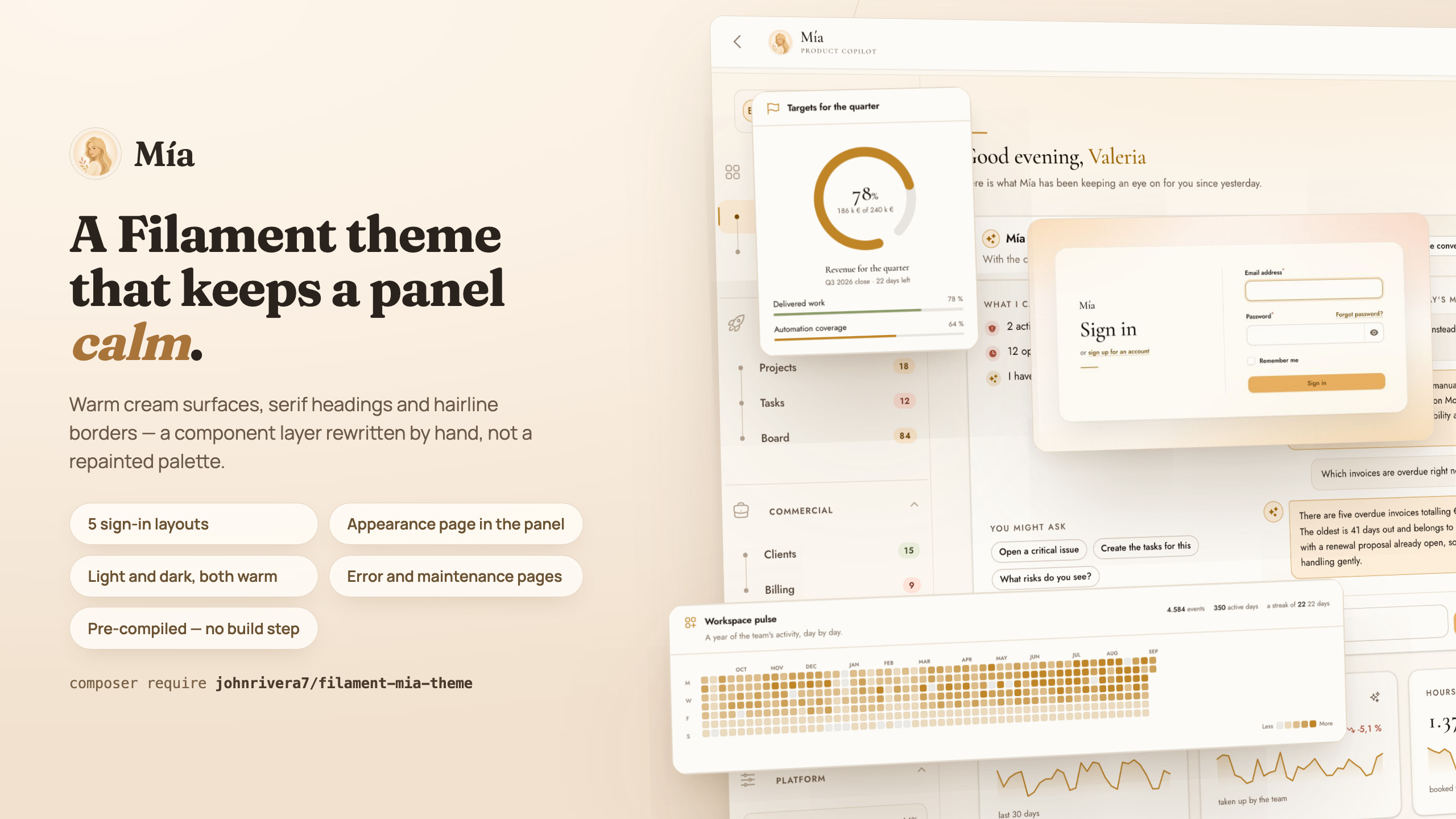 A warm cream canvas reading A Filament theme that keeps a panel calm, beside the panel itself, a quarterly targets card and the sign-in screen arranged in perspective