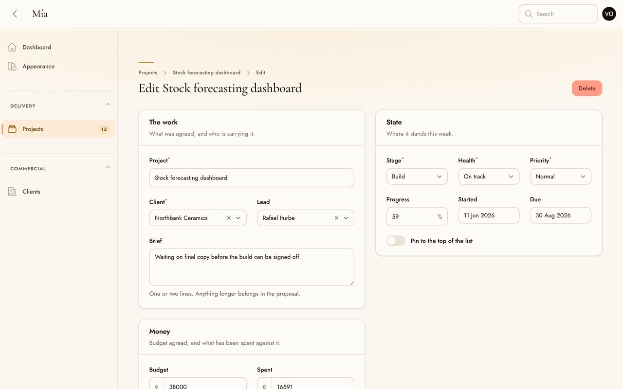 An edit form with sections, selects, a date picker and hairline-bordered inputs