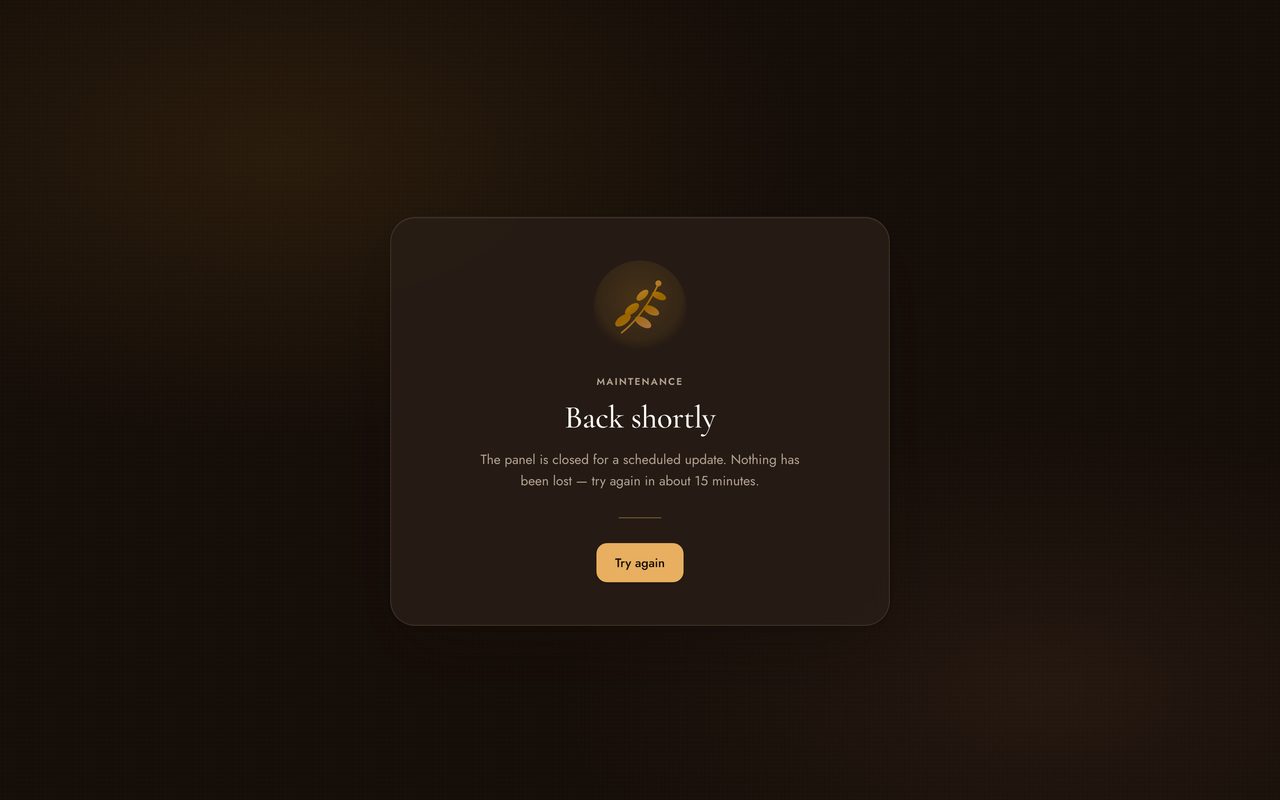 The same maintenance page in dark mode, resolved from the operating system's colour scheme
