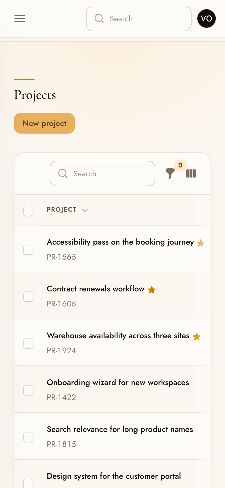 The projects table on a phone, scrolling horizontally