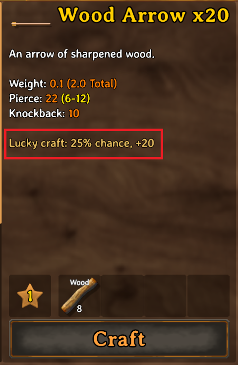 Crafting panel showing a 25% lucky craft chance for +20 wood arrows