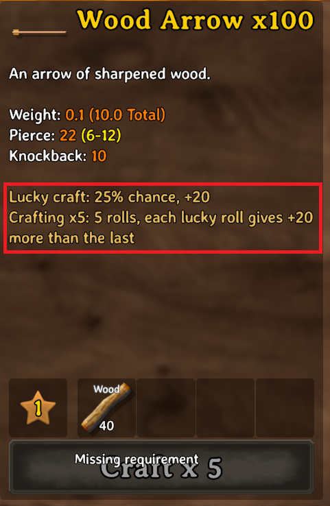 Crafting panel for 5 crafts at once, where each lucky roll gives 20 more arrows than the last