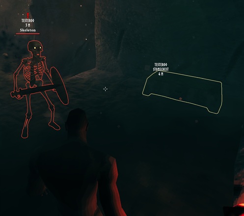 Treasure chest and hostile skeleton highlighted with distinct colors