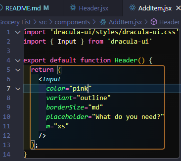 AddItem component with import of Dracula UI and Input component. Input with attributes included in the JSX