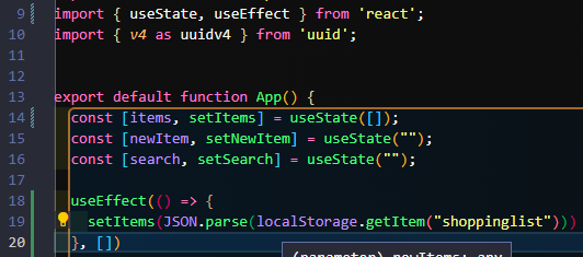 importing use Effect, initializing items use State to an empty array, use Effect function calling shopping list from local Storage when the page loads