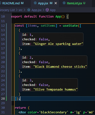 destructured items, setItems for array of objects in useState with id, checked and item properties