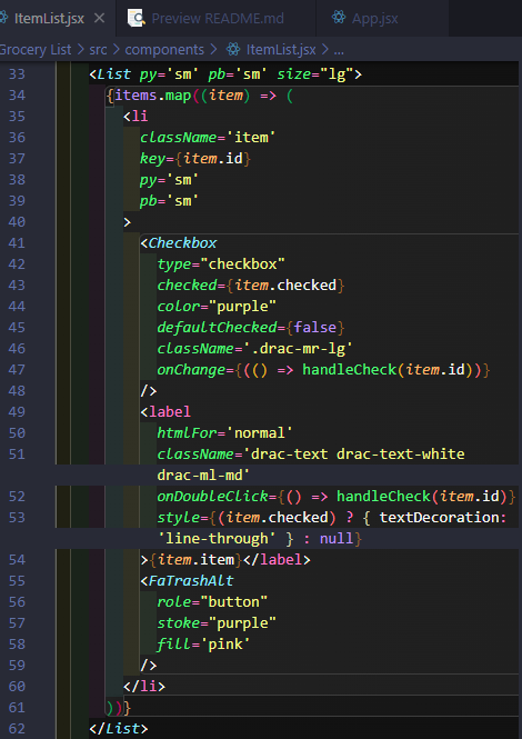 List component with map function creating each list item including a checkbox, label, and trash icon