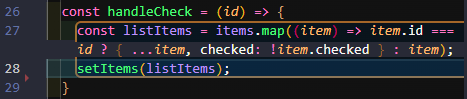 handleCheck function mapping over items in listItems to check id, create a new array, then change checked value