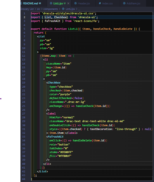 new List Li component file with import statements, prop drilling, and JSX