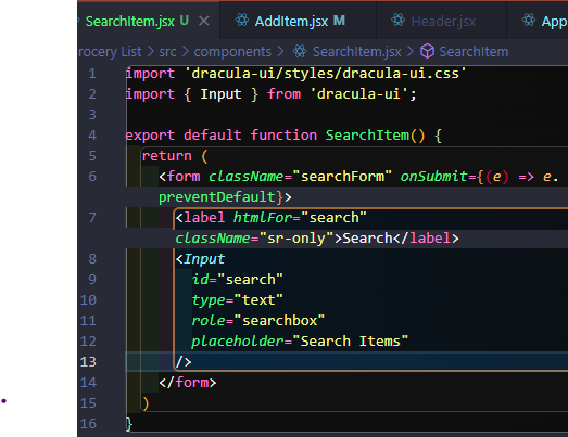 Search Item component file with imports, form, label and input