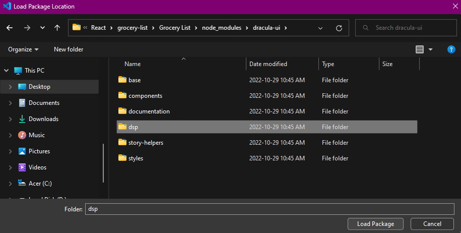 Windows load window showing Grocery List to node_modules to dracula_ui to dsp