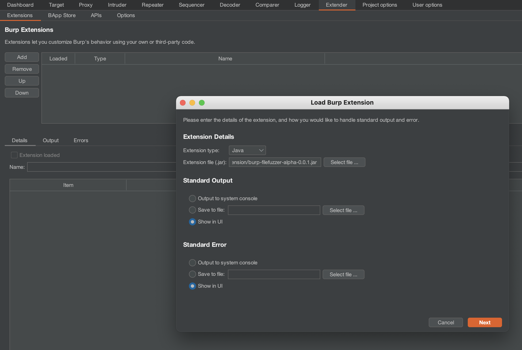 Installing using Burp Extender
