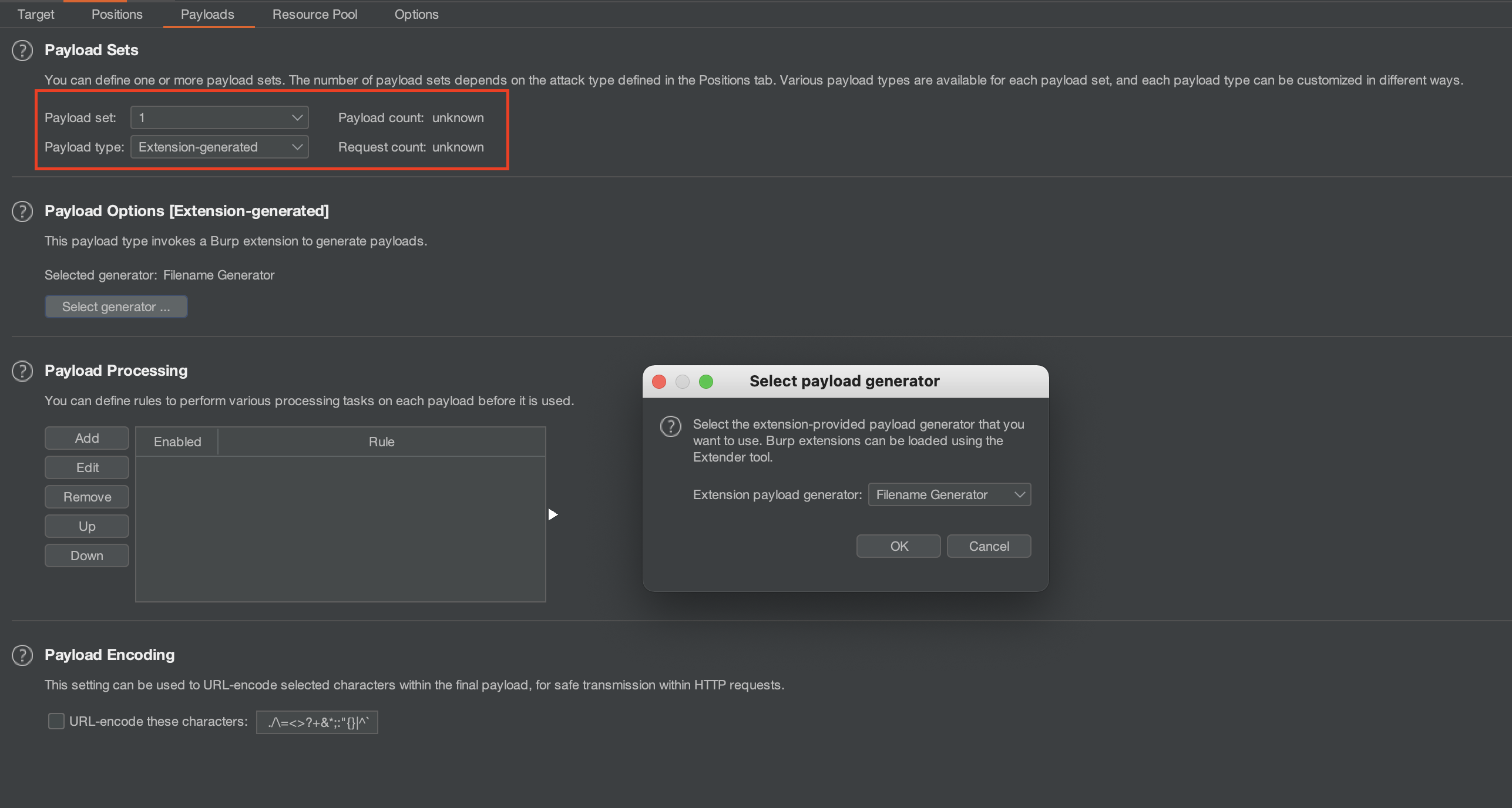 Selecting extension generated payloads for each payload set