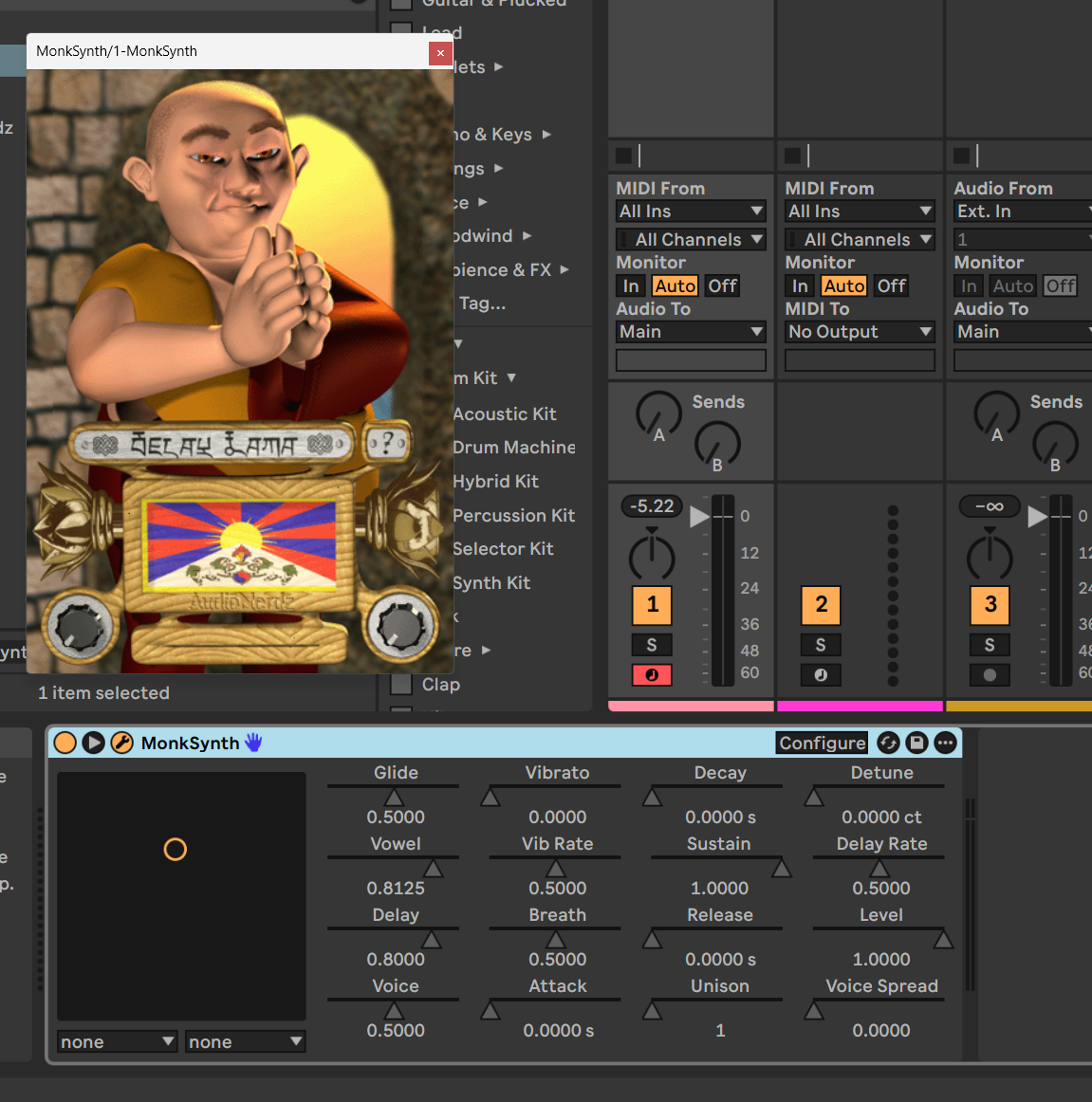 MonkSynth running in Ableton Live 12 with the classic Delay Lama theme