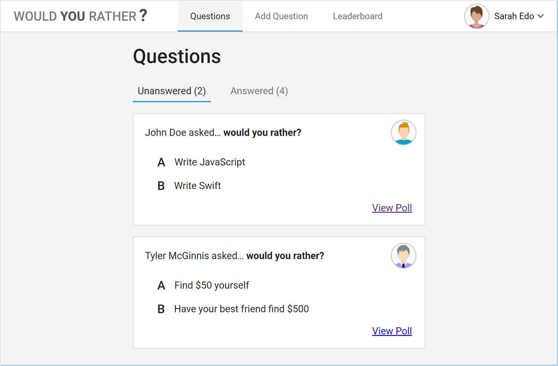 Screenshot of Would You Rather Website