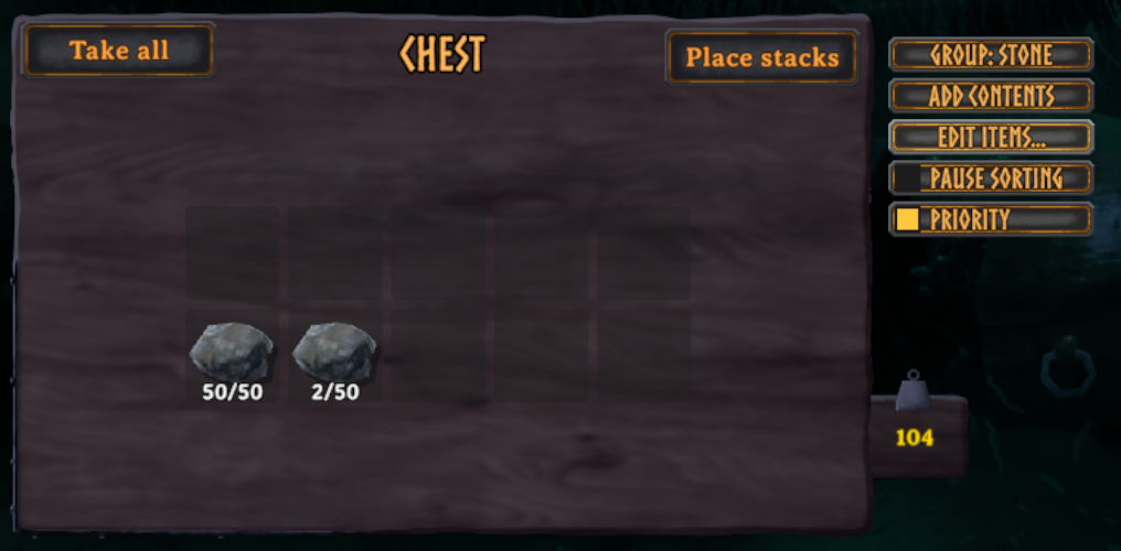 A chest in the Stone group: Add Contents, Edit Items, Pause sorting, Priority