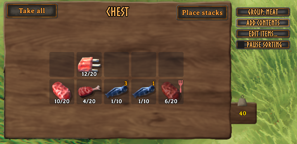 A chest in the Meat group: Add Contents, Edit Items, Pause sorting