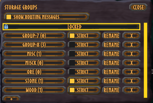 The group menu: Locked at the top, then every group with its item count, Strict, Rename and delete