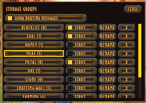 The group menu: every group with its item count, Strict, Rename and delete