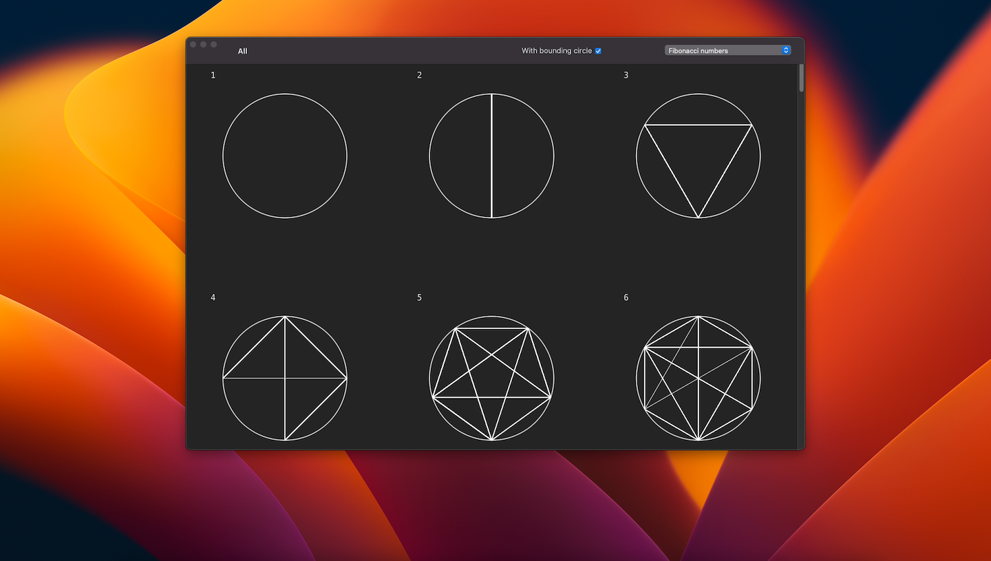 Screenshot of the app, showing a grid of circular pisano period visualizations