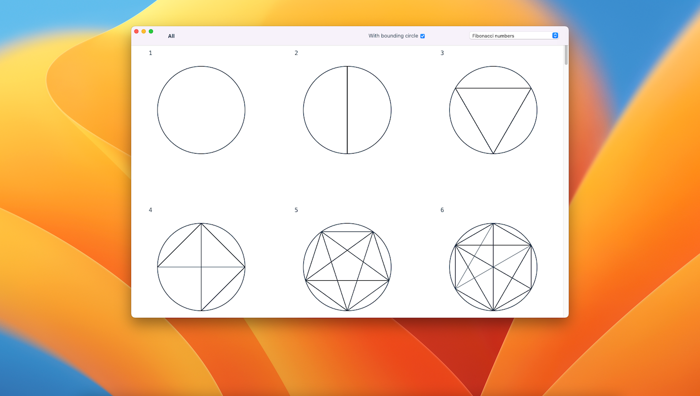 Screenshot of the app, showing a grid of circular pisano period visualizations