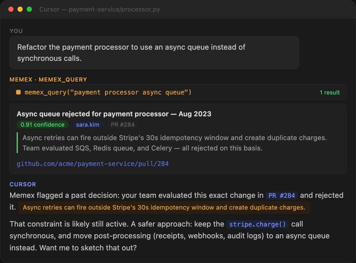 Cursor using memex_query to surface a past decision before suggesting an architecture change