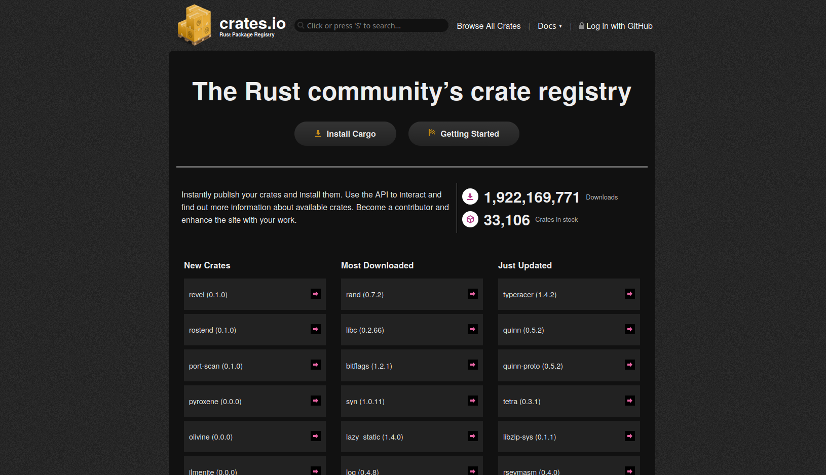 Screenshot of crates.io front page