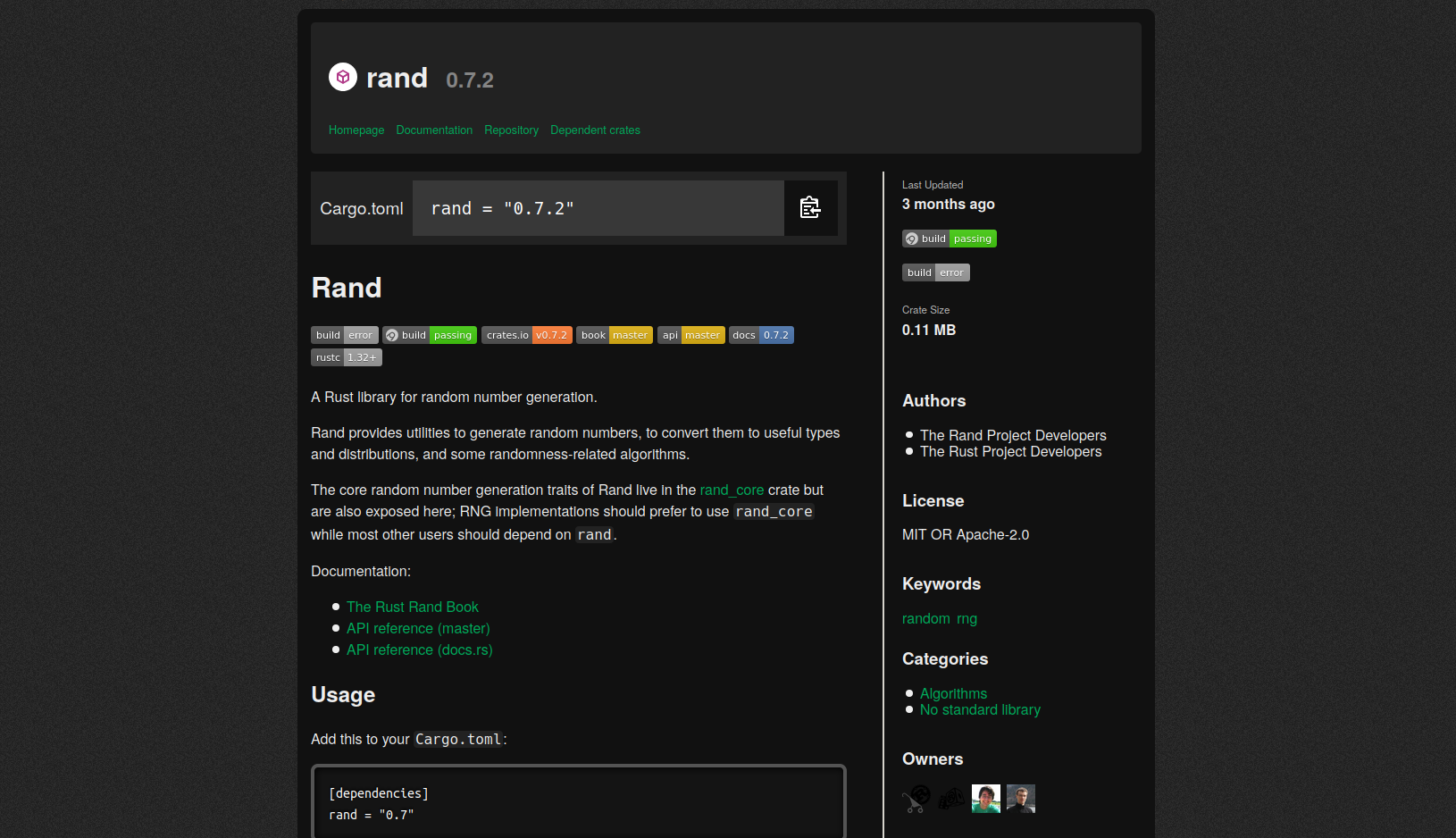 Screenshot of crates.io/crates/rand